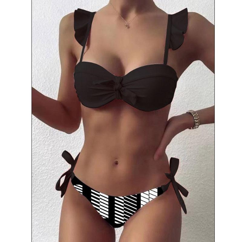Maillot de bain rayé en dentelle à volants et push-up pour femme, ensemble de bikini avec soutien-gorge et coupe haute, deux pièces, ensembles de bikini push-up, maillots de bain, hauts de bikini à volants avec bas pour adolescentes.