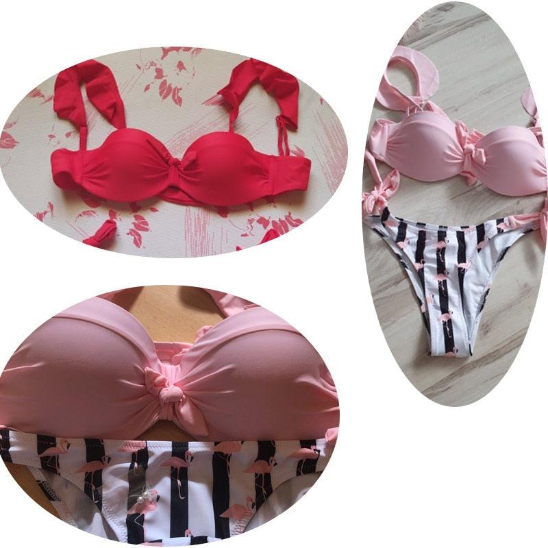 Maillot de bain rayé en dentelle à volants et push-up pour femme, ensemble de bikini avec soutien-gorge et coupe haute, deux pièces, ensembles de bikini push-up, maillots de bain, hauts de bikini à volants avec bas pour adolescentes.