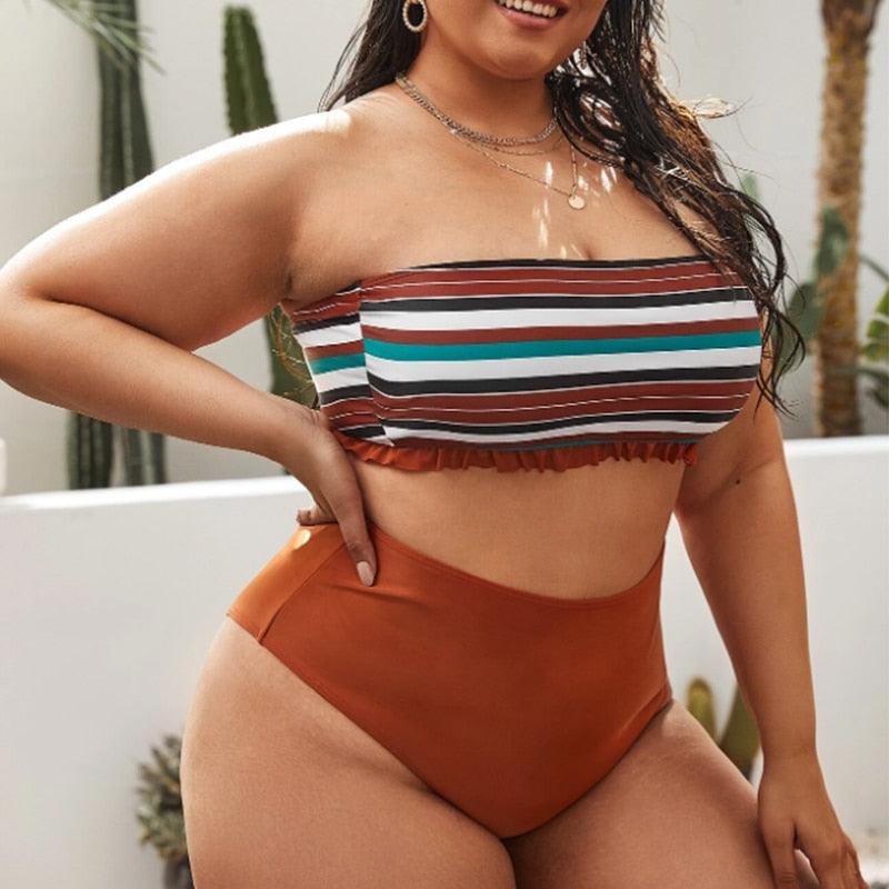 Maillot de bain deux pièces grande taille à rayures pour femmes Maillot de bain taille haute deux pièces grande taille pour femmes Maillot de bain taille haute Maillot de bain taille haute épaules dénudées Maillot de bain échancré