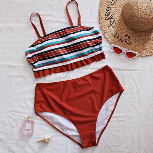 Maillot de bain deux pièces grande taille à rayures pour femmes Maillot de bain taille haute deux pièces grande taille pour femmes Maillot de bain taille haute Maillot de bain taille haute épaules dénudées Maillot de bain échancré