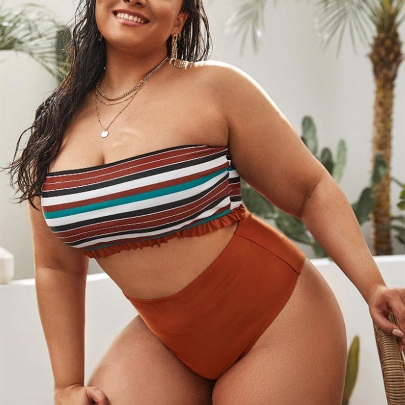 Maillot de bain deux pièces grande taille à rayures pour femmes Maillot de bain taille haute deux pièces grande taille pour femmes Maillot de bain taille haute Maillot de bain taille haute épaules dénudées Maillot de bain échancré