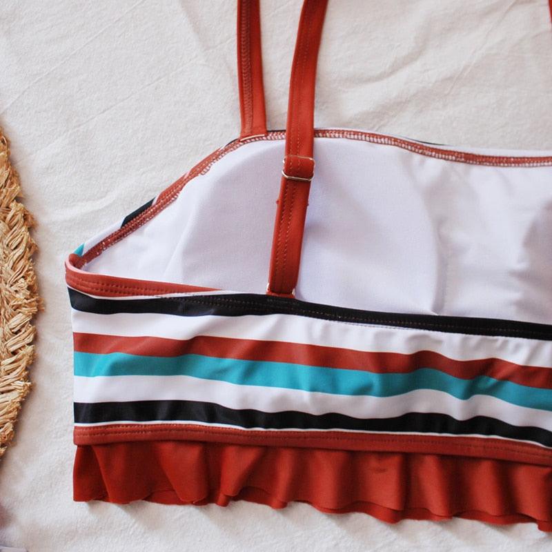 Maillot de bain deux pièces grande taille à rayures pour femmes Maillot de bain taille haute deux pièces grande taille pour femmes Maillot de bain taille haute Maillot de bain taille haute épaules dénudées Maillot de bain échancré