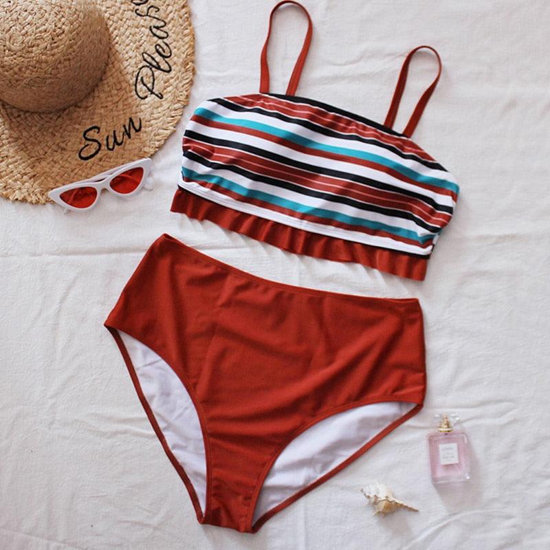 Maillot de bain deux pièces grande taille à rayures pour femmes Maillot de bain taille haute deux pièces grande taille pour femmes Maillot de bain taille haute Maillot de bain taille haute épaules dénudées Maillot de bain échancré
