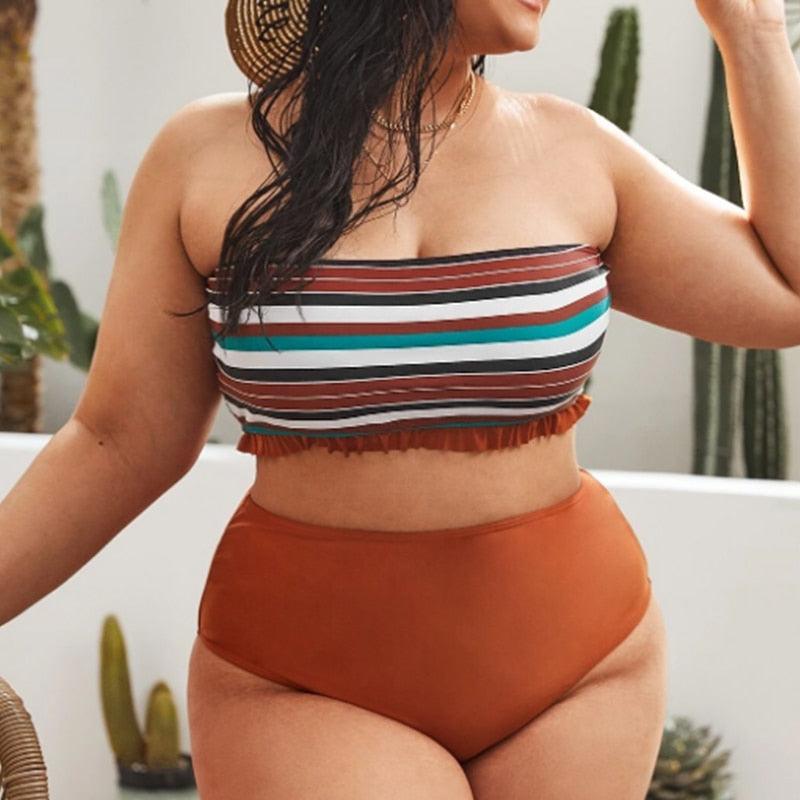 Maillot de bain deux pièces grande taille à rayures pour femmes Maillot de bain taille haute deux pièces grande taille pour femmes Maillot de bain taille haute Maillot de bain taille haute épaules dénudées Maillot de bain échancré