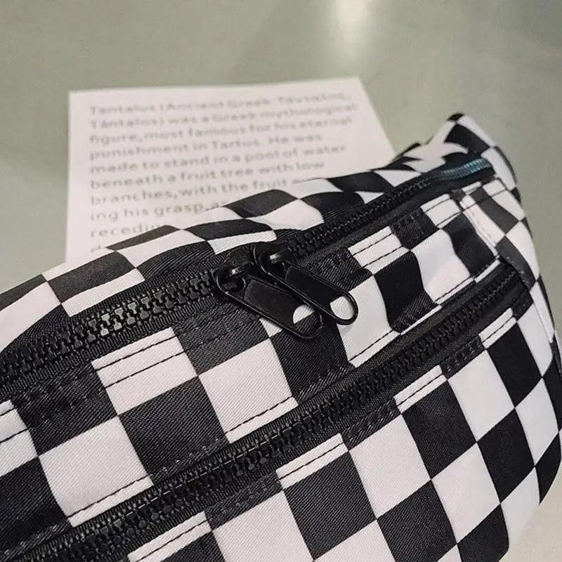 Sac banane élégant et à la mode pour femme, idéal pour les festivals, les voyages, motif à carreaux noirs et blancs