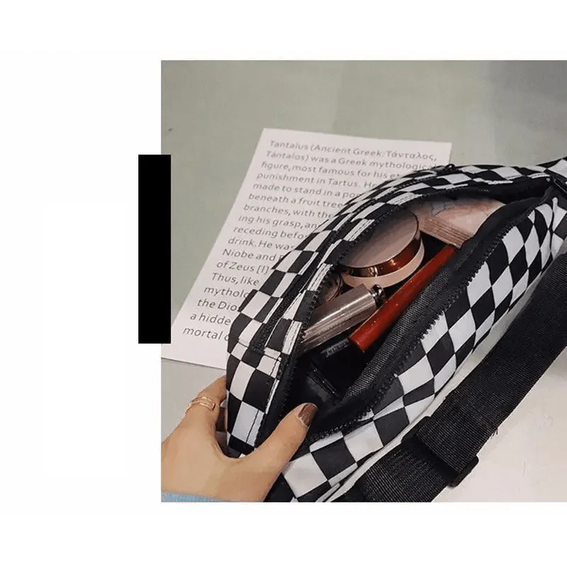 Sac banane élégant et à la mode pour femme, idéal pour les festivals, les voyages, motif à carreaux noirs et blancs