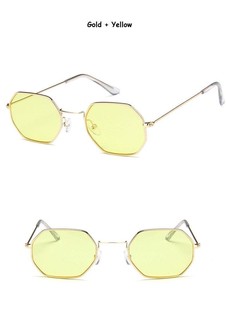 Lunettes de soleil hexagonales tendance et colorées pour femmes, monture en métal de luxe, lunettes d'été en acier inoxydable léger, style cool pour l'extérieur, voyage, verres anti-UV.