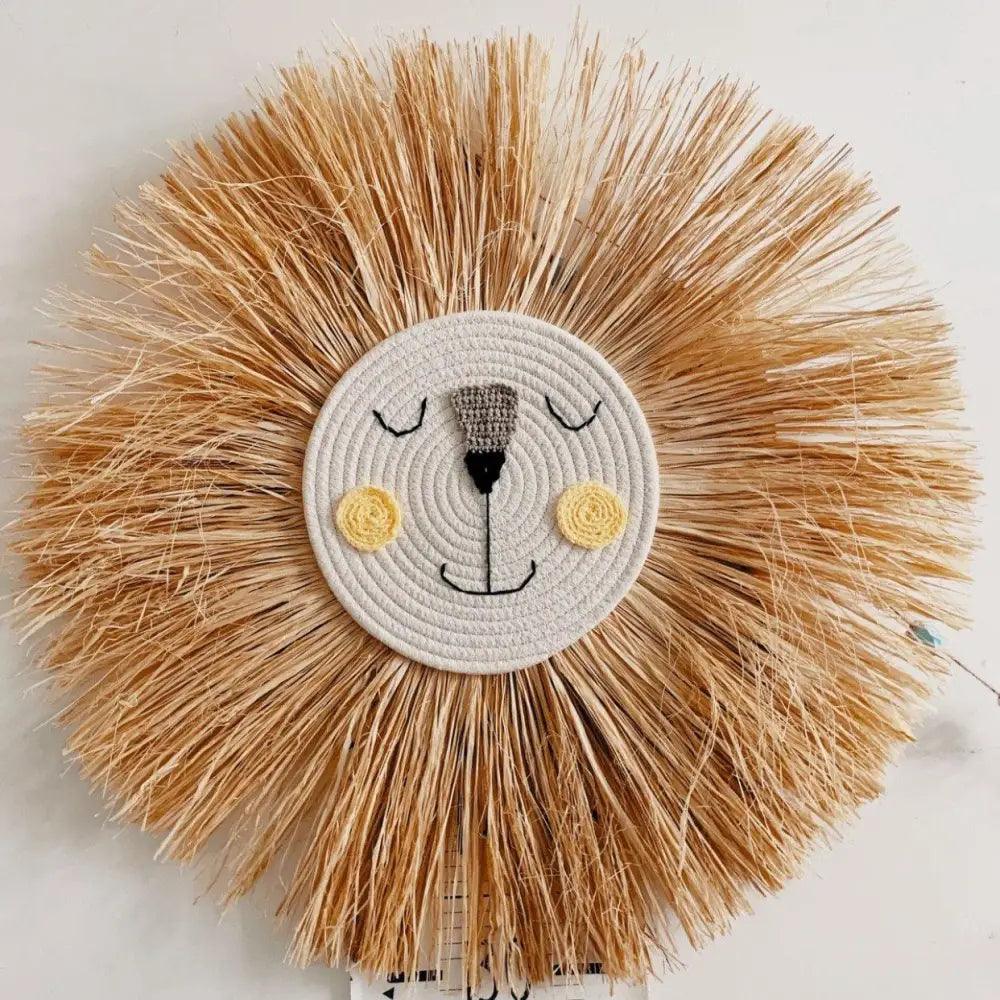 Décorations suspendues en forme de lion de dessin animé, élégantes et tissées à la main, en fil de coton, ornement mural en forme de tête d'animal pour chambre d'enfant