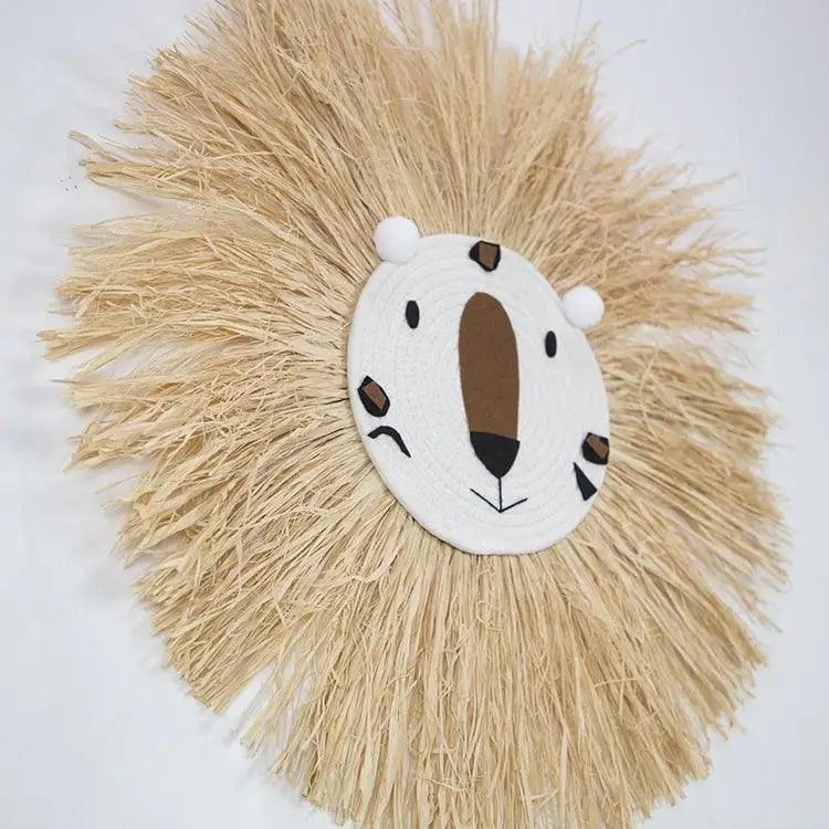Décorations suspendues en forme de lion de dessin animé, élégantes et tissées à la main, en fil de coton, ornement mural en forme de tête d'animal pour chambre d'enfant