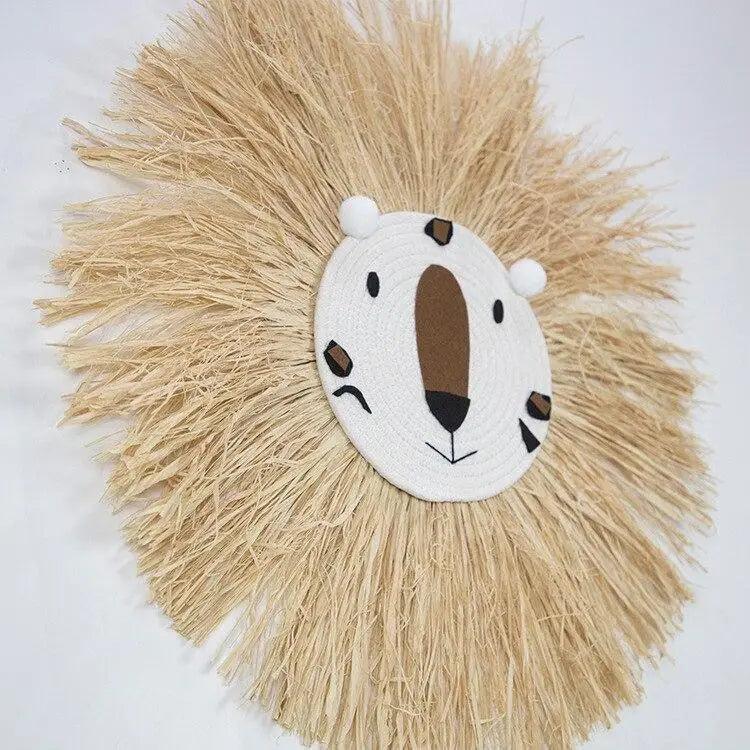 Décorations suspendues en forme de lion de dessin animé, élégantes et tissées à la main, en fil de coton, ornement mural en forme de tête d'animal pour chambre d'enfant