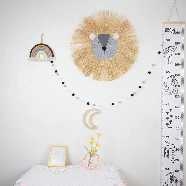 Décorations suspendues en forme de lion de dessin animé, élégantes et tissées à la main, en fil de coton, ornement mural en forme de tête d'animal pour chambre d'enfant