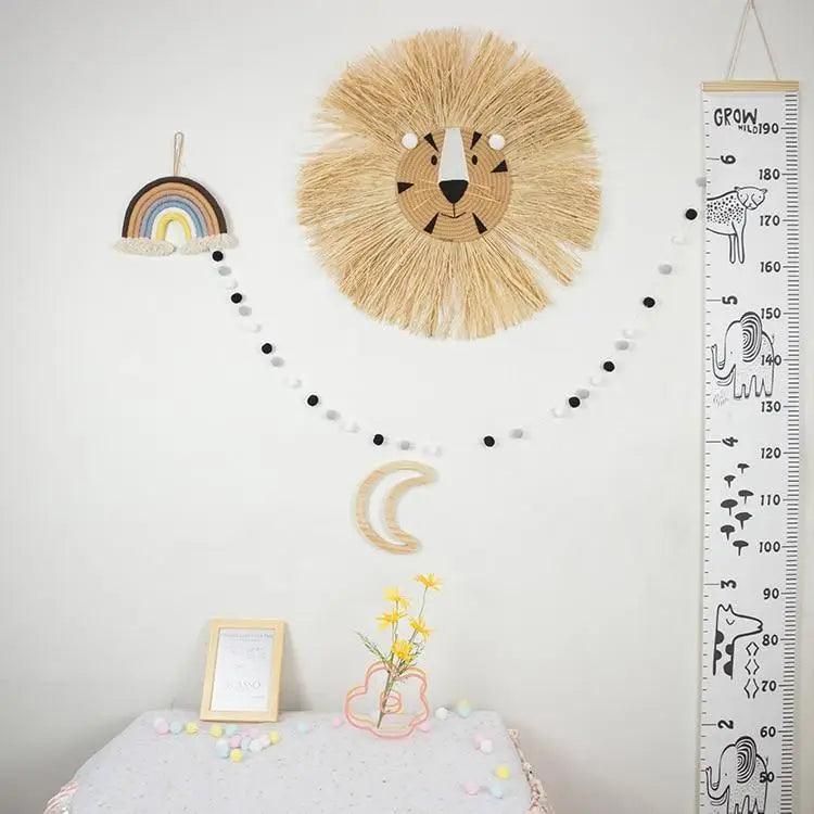 Décorations suspendues en forme de lion de dessin animé, élégantes et tissées à la main, en fil de coton, ornement mural en forme de tête d'animal pour chambre d'enfant