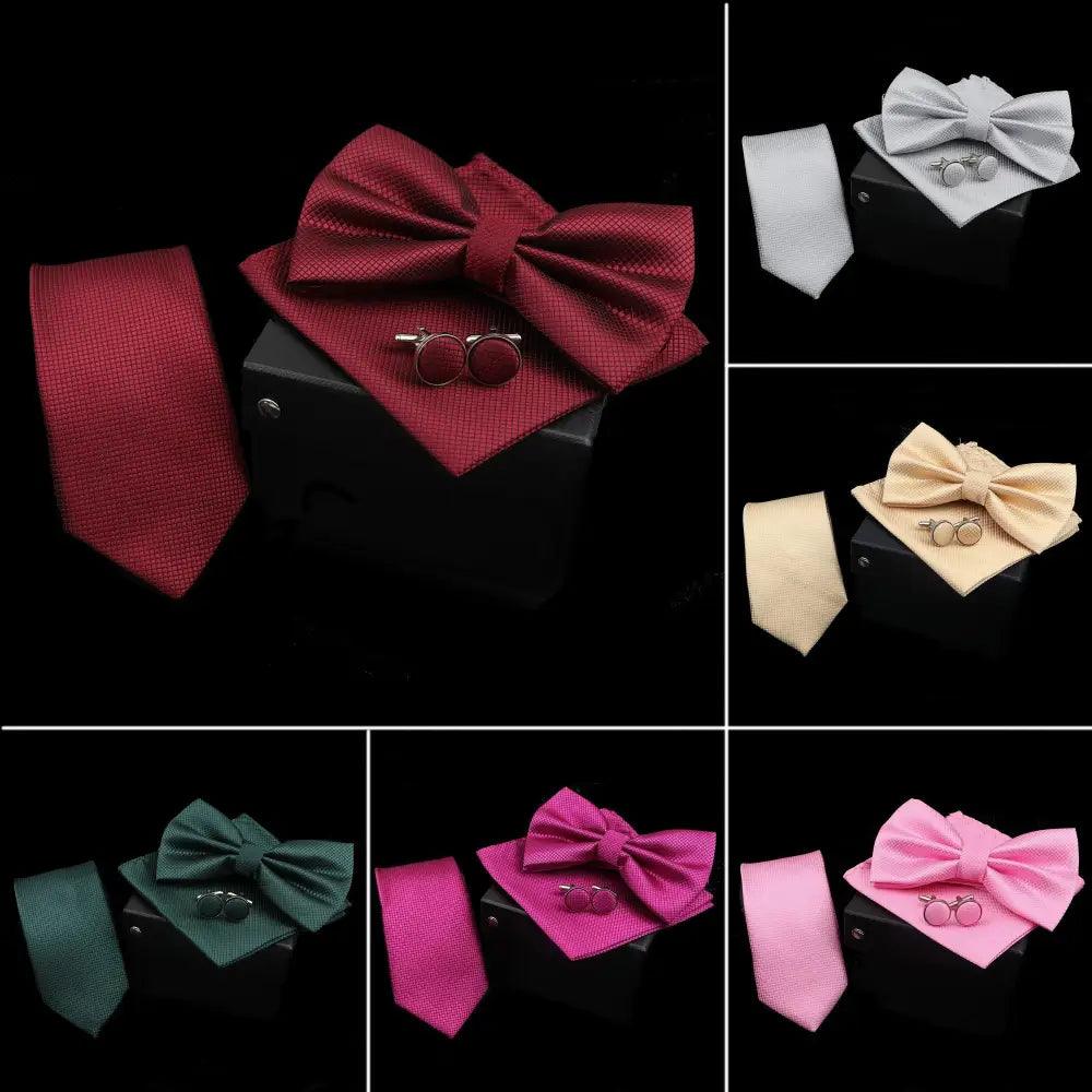 Ensemble Élégant de Cravate Nœud Papillon Mouchoir et Boutons de Manchette en Polyester Uni pour Hommes - Nœud Papillon de Mariage Fête Mode Masculine
