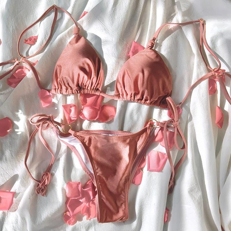 Maillot de bain bikini de luxe d'été pour femmes, ensemble bikini plissé, ensemble bikini deux pièces côtelé, devant et dos à nouer, bikini triangle, maillot de bain charmant pour femmes, bikinis à lacets pour la plage