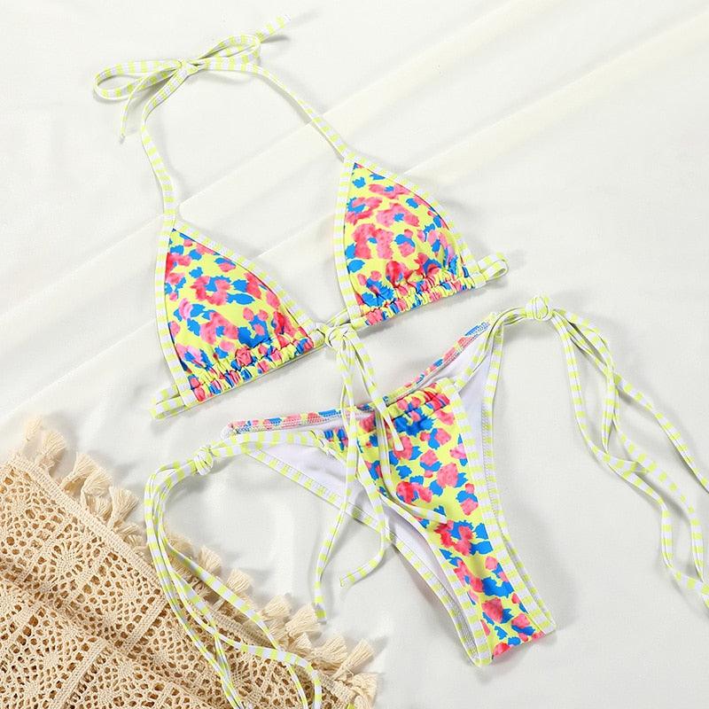 Maillot de bain bikini de luxe d'été pour femmes, ensemble bikini plissé, ensemble bikini deux pièces côtelé, devant et dos à nouer, bikini triangle, maillot de bain charmant pour femmes, bikinis à lacets pour la plage