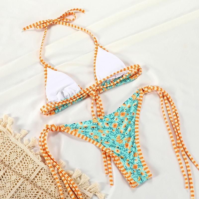 Maillot de bain bikini de luxe d'été pour femmes, ensemble bikini plissé, ensemble bikini deux pièces côtelé, devant et dos à nouer, bikini triangle, maillot de bain charmant pour femmes, bikinis à lacets pour la plage