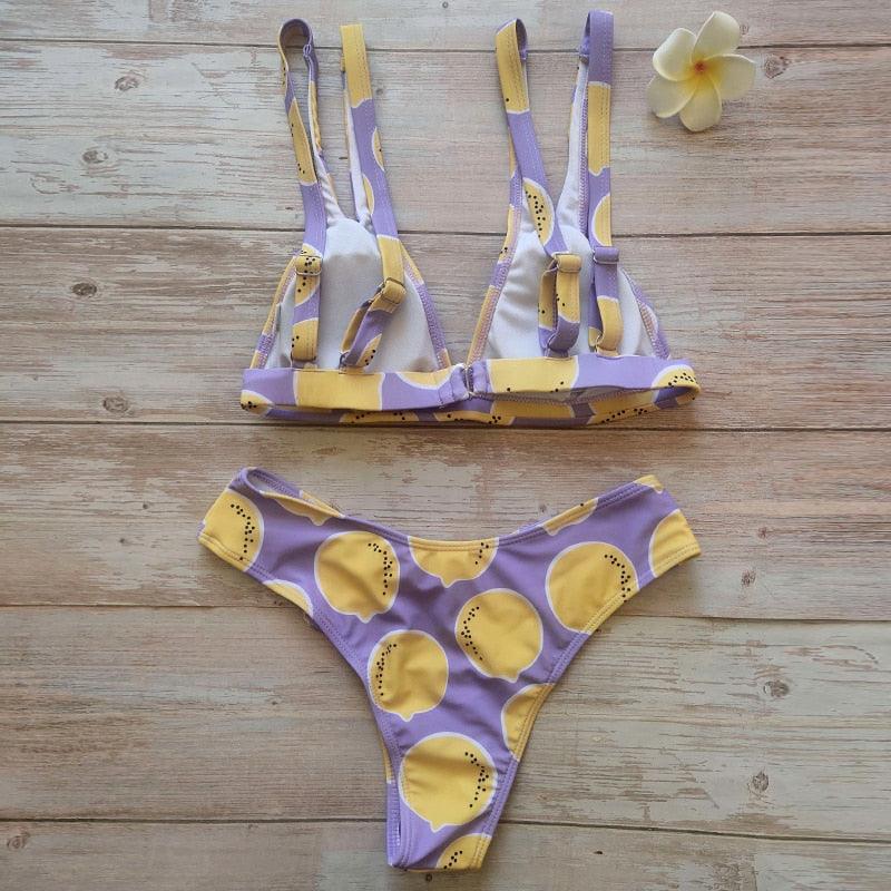 Maillot de bain deux pièces élégant pour femme, bikini triangle avec col licou et rembourrage push-up, imprimé léopard ou citron, à nouer, pour l'été