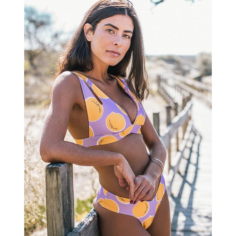 Maillot de bain deux pièces élégant pour femme, bikini triangle avec col licou et rembourrage push-up, imprimé léopard ou citron, à nouer, pour l'été