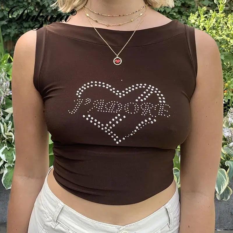 Haut court débardeur décontracté d'été avec strass en forme de cœur et col rond - Hauts sexy et mignons pour femmes