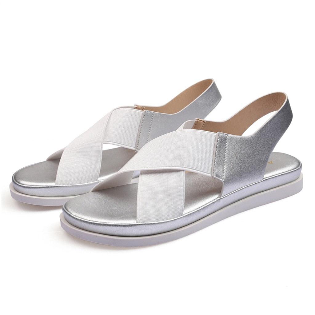 Sandales d'été confortables à enfiler pour femmes en textile élastique Sandales de plage décontractées pour femmes Classiques Antidérapantes Légères Plates Sandales de mode Sandales plates à bride de cheville