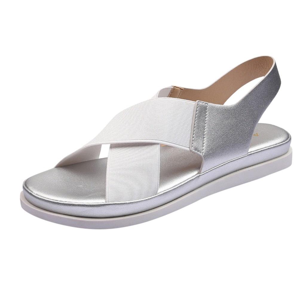 Sandales d'été confortables à enfiler pour femmes en textile élastique Sandales de plage décontractées pour femmes Classiques Antidérapantes Légères Plates Sandales de mode Sandales plates à bride de cheville