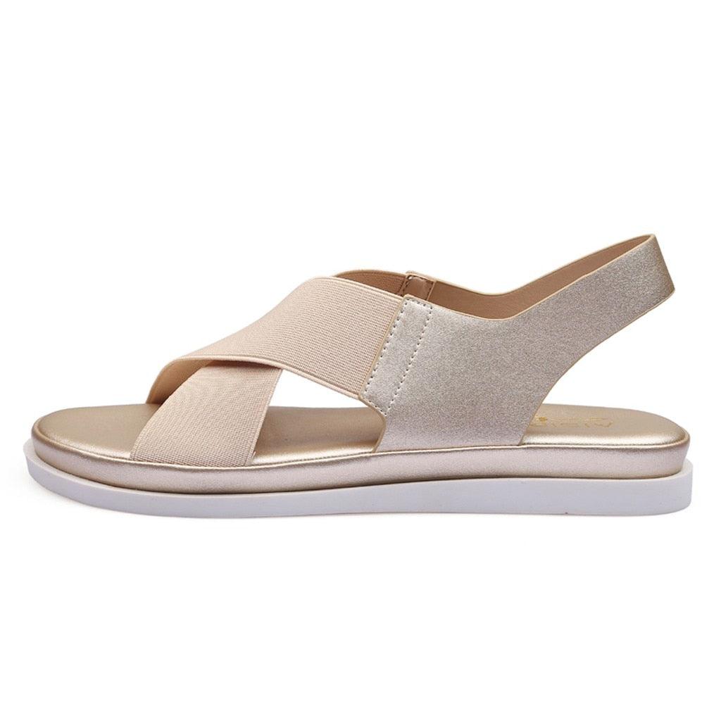Sandales d'été confortables à enfiler pour femmes en textile élastique Sandales de plage décontractées pour femmes Classiques Antidérapantes Légères Plates Sandales de mode Sandales plates à bride de cheville