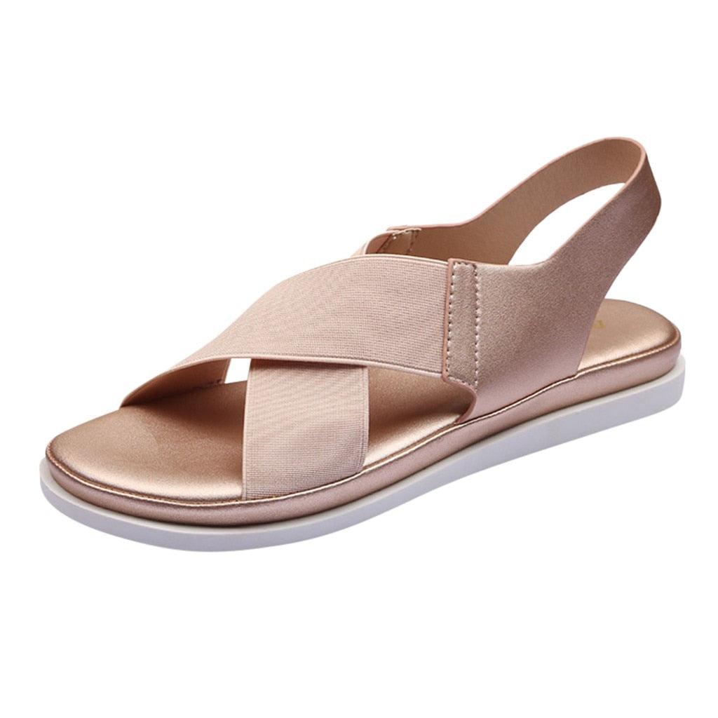 Sandales d'été confortables à enfiler pour femmes en textile élastique Sandales de plage décontractées pour femmes Classiques Antidérapantes Légères Plates Sandales de mode Sandales plates à bride de cheville