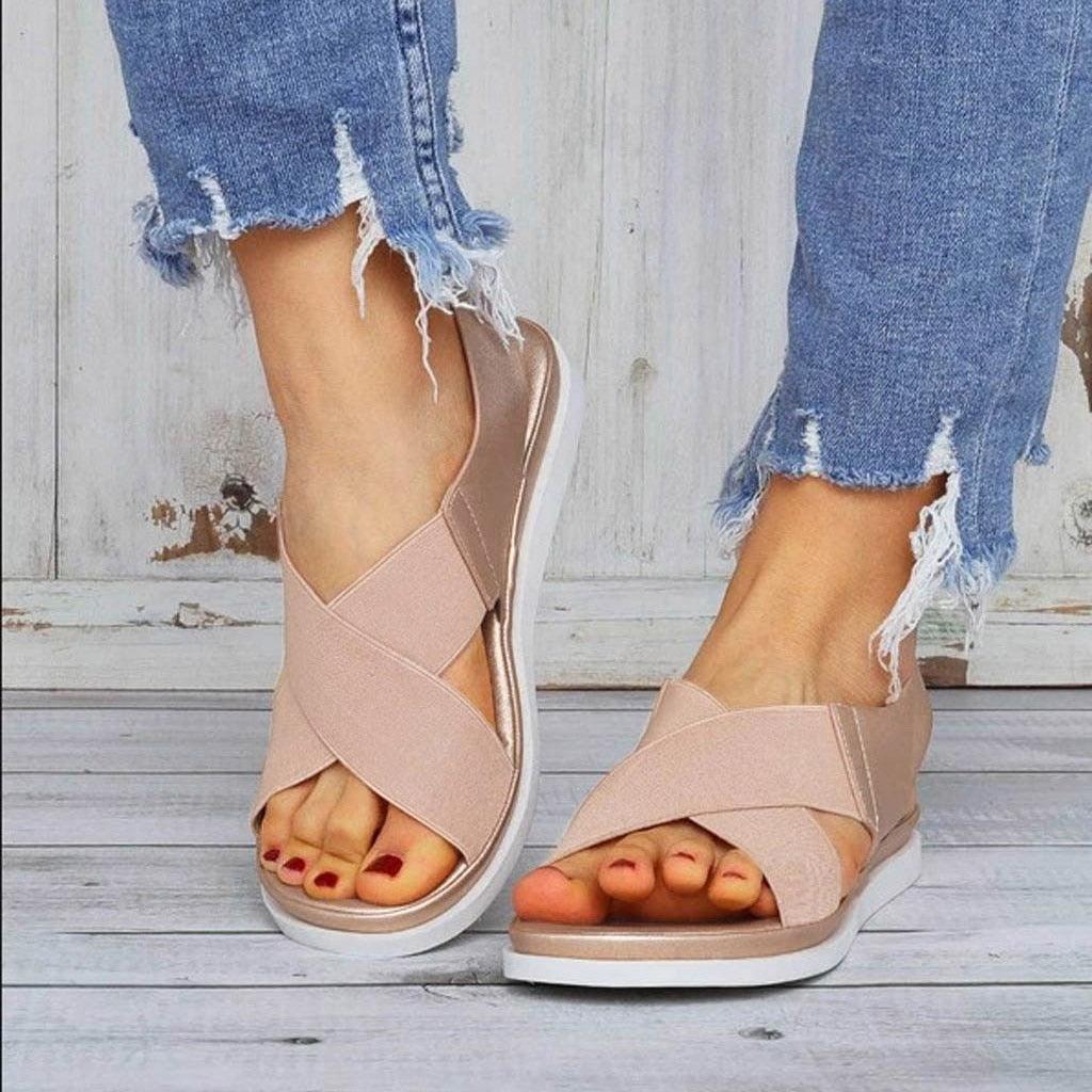 Sandales d'été confortables à enfiler pour femmes en textile élastique Sandales de plage décontractées pour femmes Classiques Antidérapantes Légères Plates Sandales de mode Sandales plates à bride de cheville