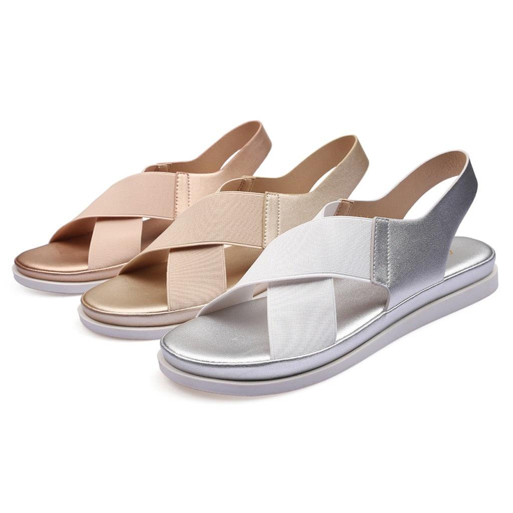 Sandales d'été confortables à enfiler pour femmes en textile élastique Sandales de plage décontractées pour femmes Classiques Antidérapantes Légères Plates Sandales de mode Sandales plates à bride de cheville