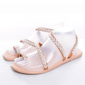 Sandales plates d'été, jolies décorations de perles, sandales plates en cuir pour femme, chaussures de plage pour les vacances, sandales plates à lanières avec strass, confortables, à bout ouvert, luxe pour femme.
