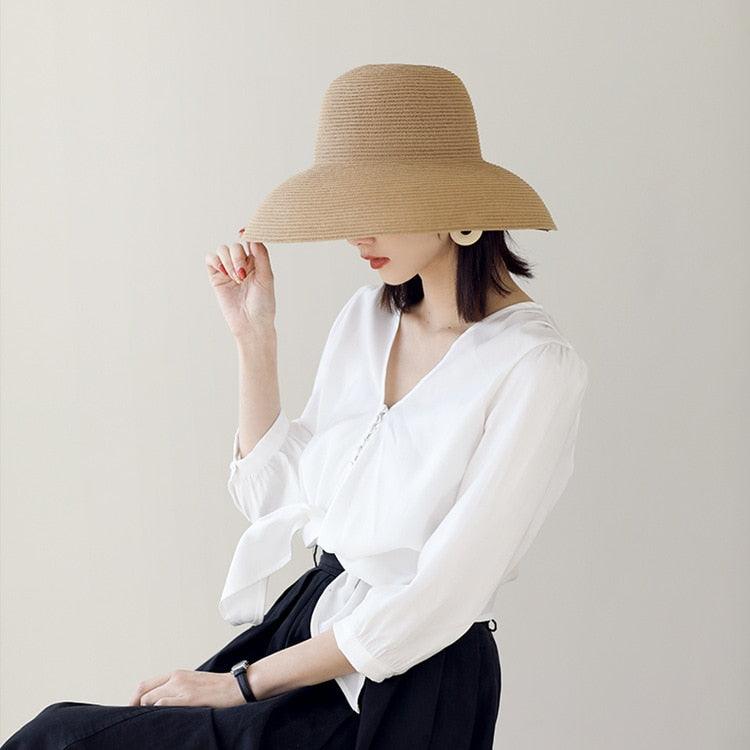Nouveau chapeau d'été pour femme, chapeau de soleil pliable pour la plage, nouveau chapeau d'été pour femme, grand bord large, souple, pliable, chapeau de paille, grand bord élégant, chapeau de soleil de voyage blanc 55-58CM