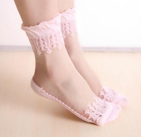 Chaussettes d'été en dentelle brodée de soie transparente en verre cristal extensibles pour femmes, respirantes et transparentes, chaussettes de cheville pour femmes