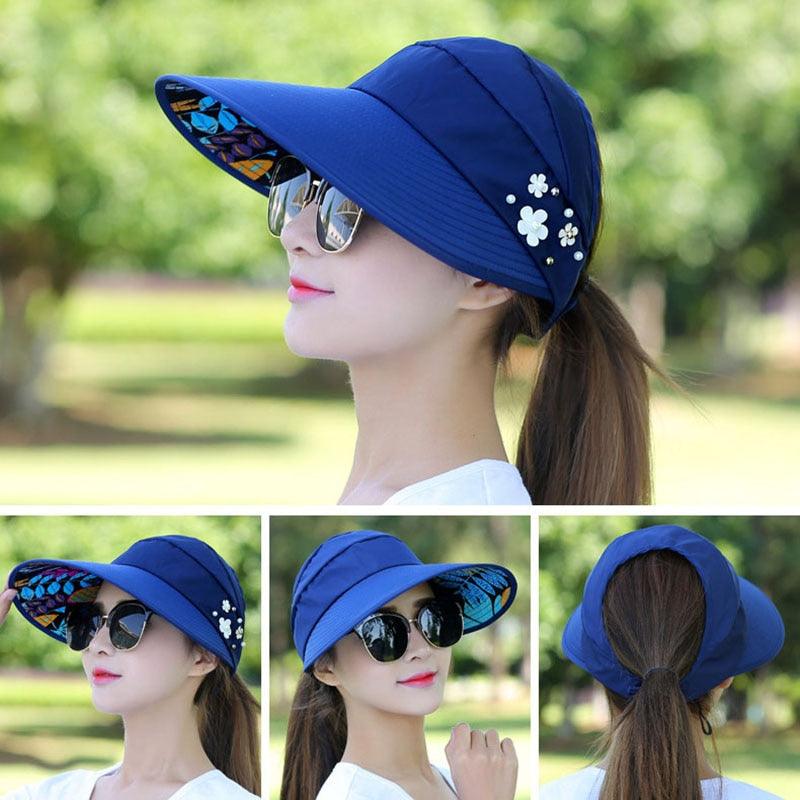 Chapeaux d'été modernes pour adultes pour femmes Chapeau de soleil pliable pour femmes Visière enroulable réglable et repliable Chapeau à fleurs Casquette de baseball décontractée pour femme pour le sport