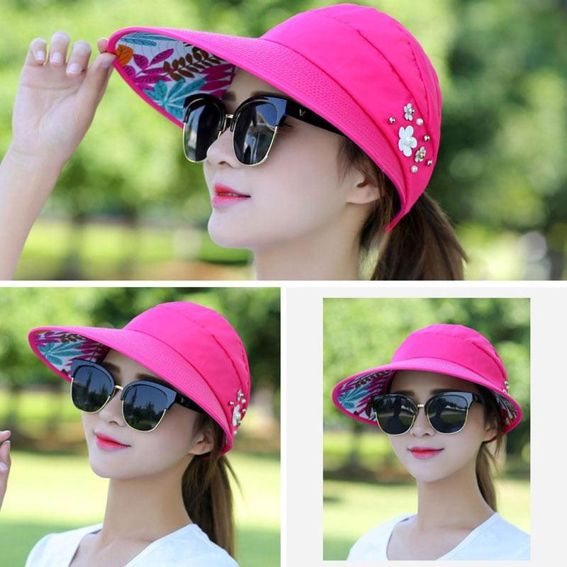Chapeaux d'été modernes pour adultes pour femmes Chapeau de soleil pliable pour femmes Visière enroulable réglable et repliable Chapeau à fleurs Casquette de baseball décontractée pour femme pour le sport