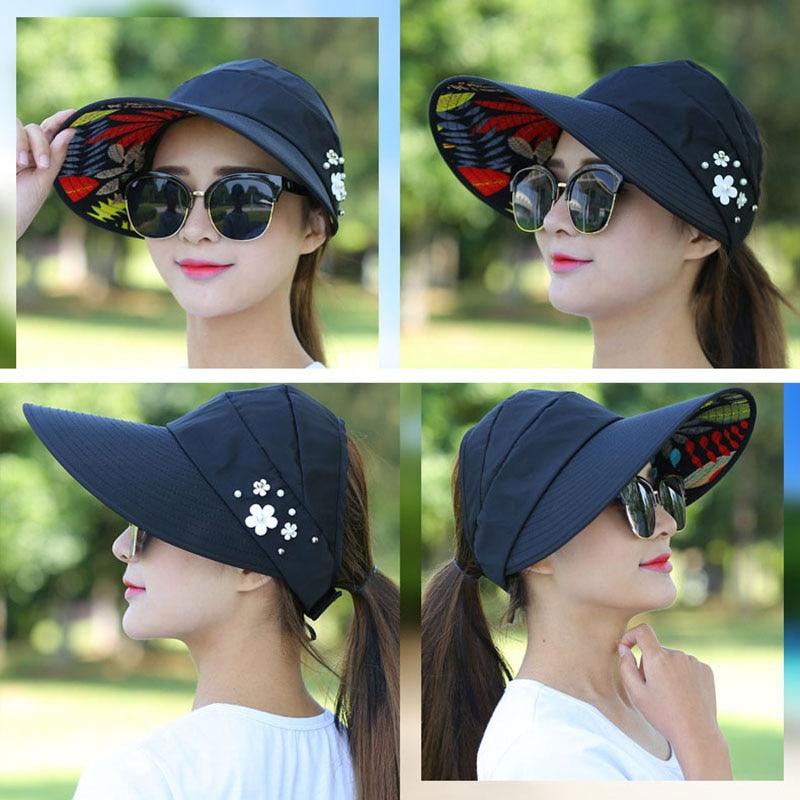 Chapeaux d'été modernes pour adultes pour femmes Chapeau de soleil pliable pour femmes Visière enroulable réglable et repliable Chapeau à fleurs Casquette de baseball décontractée pour femme pour le sport