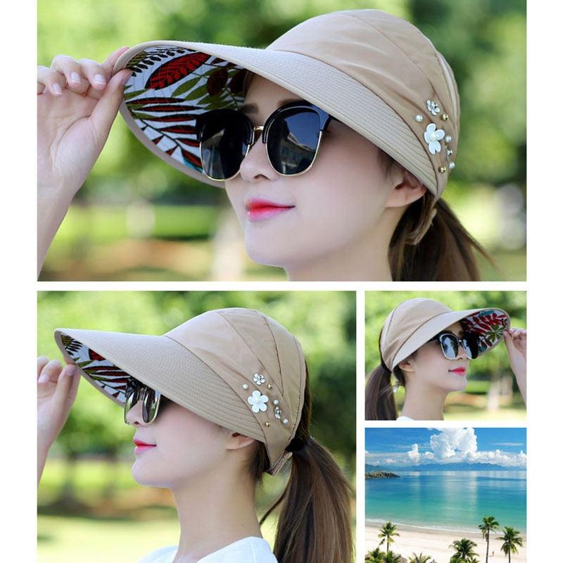 Chapeaux d'été modernes pour adultes pour femmes Chapeau de soleil pliable pour femmes Visière enroulable réglable et repliable Chapeau à fleurs Casquette de baseball décontractée pour femme pour le sport