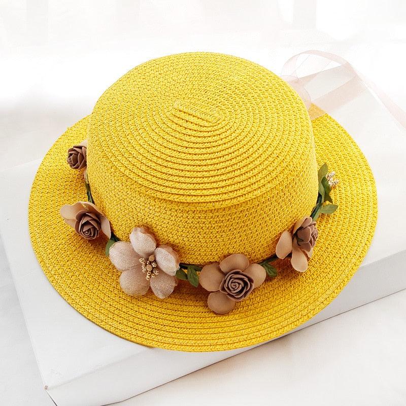Chapeau de soleil d'été, nœud papillon élégant, chapeau de paille pour femmes, casquettes de plage, chapeau de soleil d'été pour femmes, casquette bob, ruban de fleurs beiges, chapeau de paille de fête pour femmes