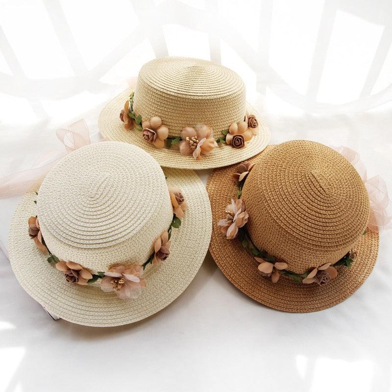 Chapeau de soleil d'été, nœud papillon élégant, chapeau de paille pour femmes, casquettes de plage, chapeau de soleil d'été pour femmes, casquette bob, ruban de fleurs beiges, chapeau de paille de fête pour femmes