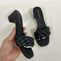 Sandales d'été tissées unies pour femme à talon carré, sandales de fête à talons hauts épais, sandales plates ouvertes pour femme, tissées en cuir, décontractées, pour la marche, les pantoufles, les tongs.