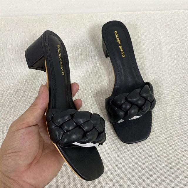 Sandales d'été tissées unies pour femme à talon carré, sandales de fête à talons hauts épais, sandales plates ouvertes pour femme, tissées en cuir, décontractées, pour la marche, les pantoufles, les tongs.