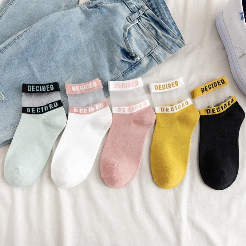 Chaussettes Courtes en Coton Respirant pour Femme avec Motif Lettres Transparents et Évidées, Chaussettes Bateau Fines et Décontractées pour l'Été