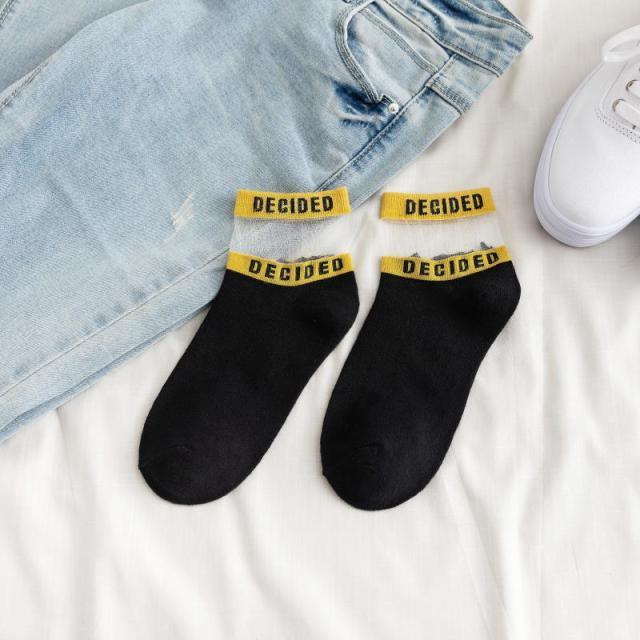 Chaussettes Courtes en Coton Respirant pour Femme avec Motif Lettres Transparents et Évidées, Chaussettes Bateau Fines et Décontractées pour l'Été