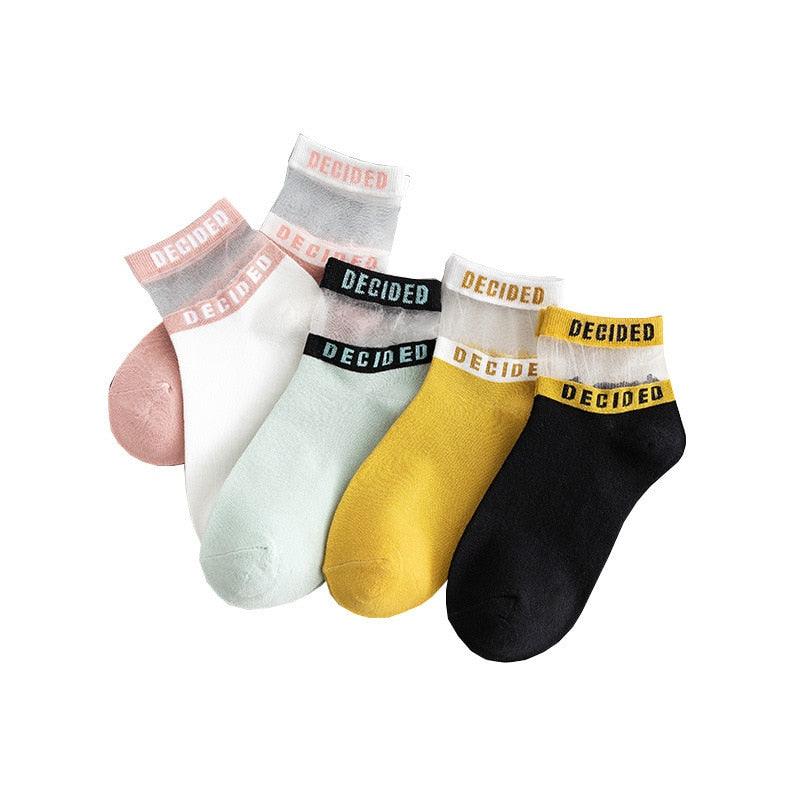 Chaussettes Courtes en Coton Respirant pour Femme avec Motif Lettres Transparents et Évidées, Chaussettes Bateau Fines et Décontractées pour l'Été