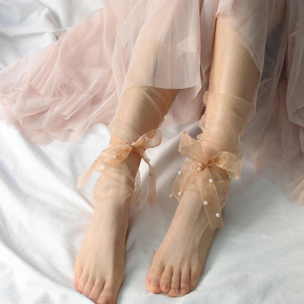 Chaussettes en Tulle Ultra Fines d'Été pour Femmes, Transparentes à Perles, Longues, en Mousseline de Soie, à Lacets, Drôles, Streetwear, Translucides, Chaussettes Mignonnes de Princesse pour Femmes