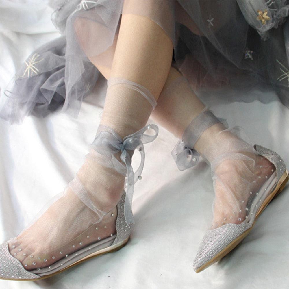 Chaussettes en Tulle Ultra Fines d'Été pour Femmes, Transparentes à Perles, Longues, en Mousseline de Soie, à Lacets, Drôles, Streetwear, Translucides, Chaussettes Mignonnes de Princesse pour Femmes