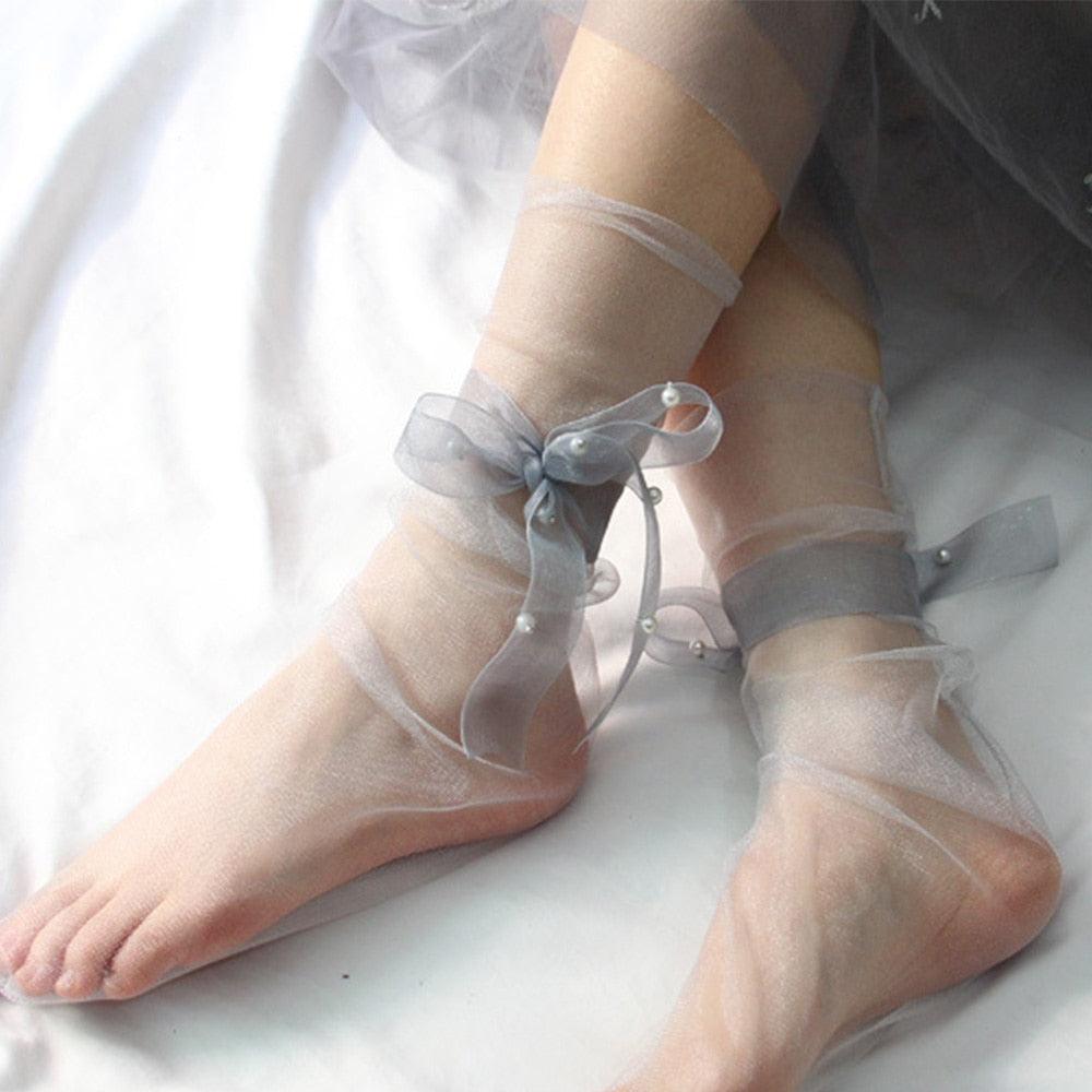 Chaussettes en Tulle Ultra Fines d'Été pour Femmes, Transparentes à Perles, Longues, en Mousseline de Soie, à Lacets, Drôles, Streetwear, Translucides, Chaussettes Mignonnes de Princesse pour Femmes