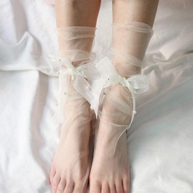 Chaussettes en Tulle Ultra Fines d'Été pour Femmes, Transparentes à Perles, Longues, en Mousseline de Soie, à Lacets, Drôles, Streetwear, Translucides, Chaussettes Mignonnes de Princesse pour Femmes