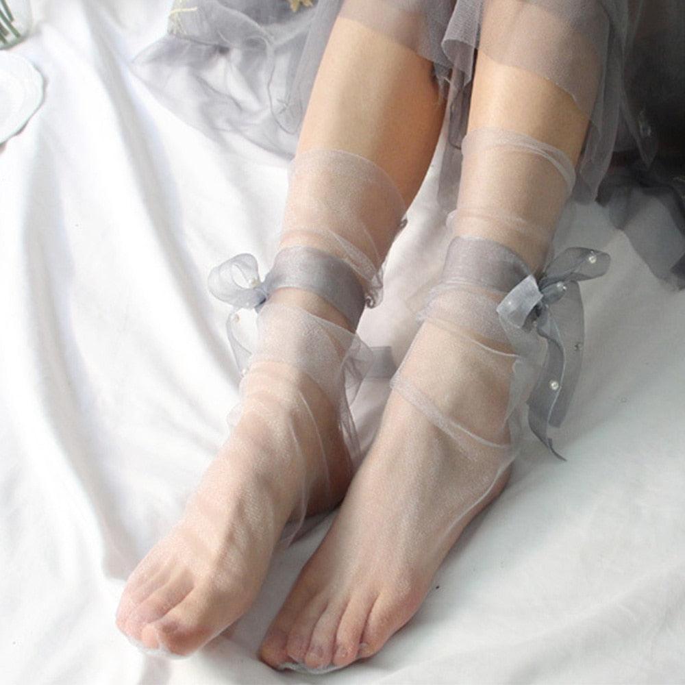 Chaussettes en Tulle Ultra Fines d'Été pour Femmes, Transparentes à Perles, Longues, en Mousseline de Soie, à Lacets, Drôles, Streetwear, Translucides, Chaussettes Mignonnes de Princesse pour Femmes