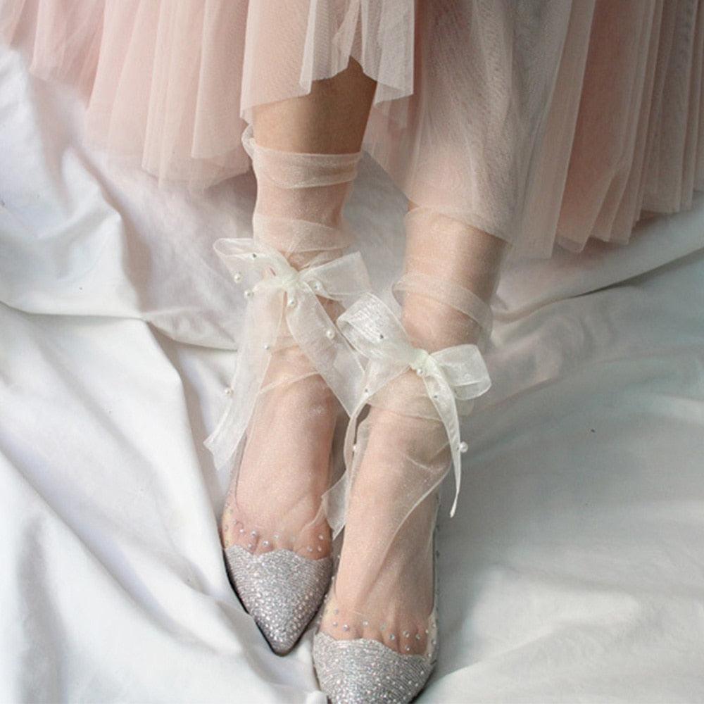 Chaussettes en Tulle Ultra Fines d'Été pour Femmes, Transparentes à Perles, Longues, en Mousseline de Soie, à Lacets, Drôles, Streetwear, Translucides, Chaussettes Mignonnes de Princesse pour Femmes