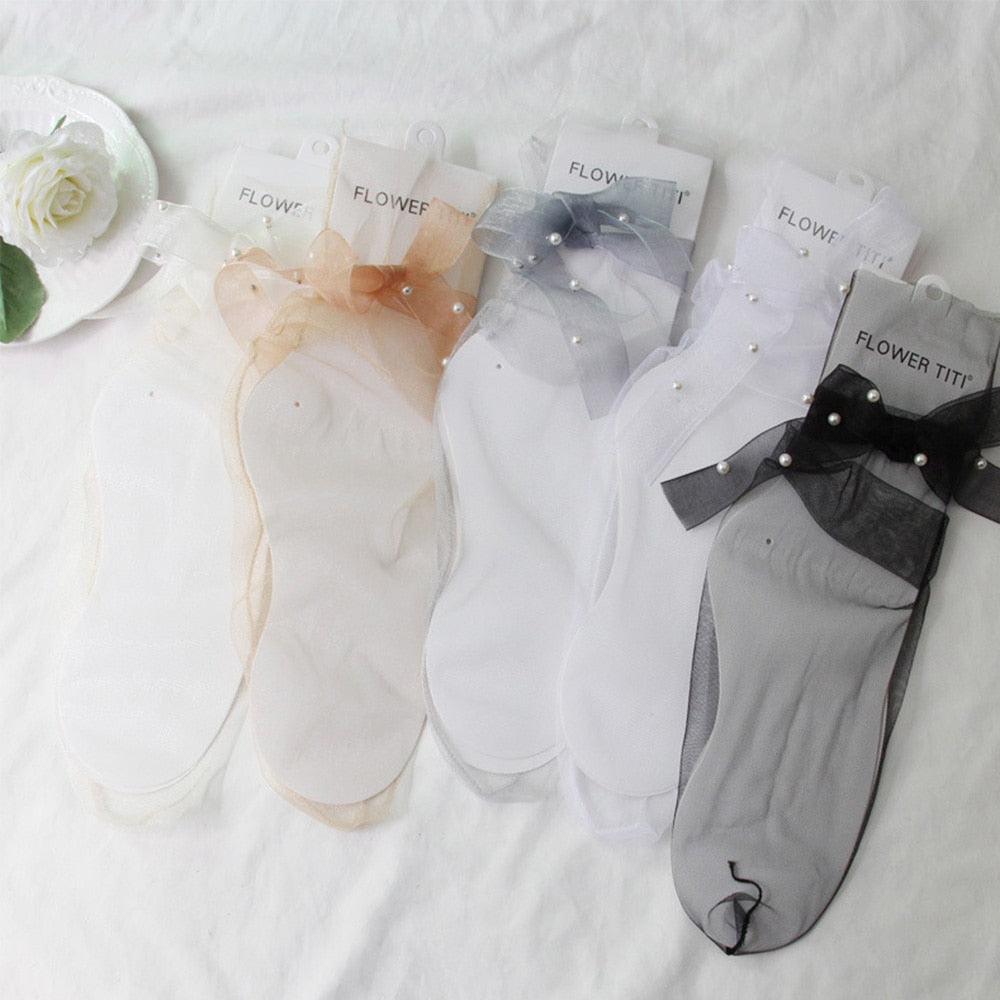 Chaussettes en Tulle Ultra Fines d'Été pour Femmes, Transparentes à Perles, Longues, en Mousseline de Soie, à Lacets, Drôles, Streetwear, Translucides, Chaussettes Mignonnes de Princesse pour Femmes